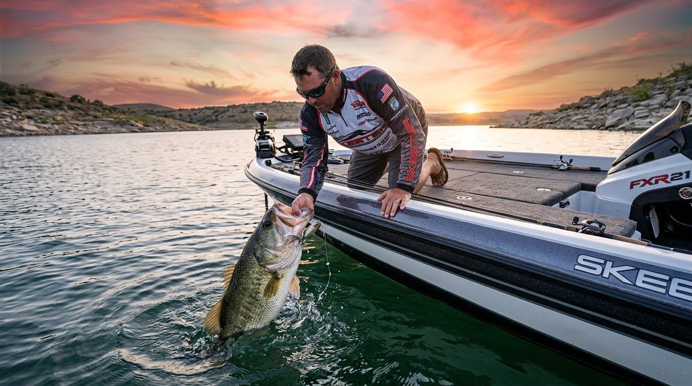 Texas Bass Fishing Lake Amistad Angler Lipping Largemouth Bass